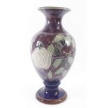 A Doulton stoneware vase painted flowers - repaired, 35cm tall