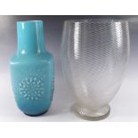 A retro turquoise glass vase, 30.5cm high together with a large glass vase, 31cm high