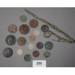Miscellaneous lot: small quantity of world coinage plus watch chain with coins attached includes:
