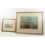 B H Rowlestone- watercolour prunus and Chinese figure 24 x 33cm and another of Caerphilly, Wales