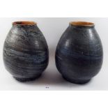 Two large Studio pottery vases with striated blue glazes, 28cm high
