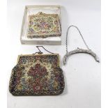 Two vintage petit point evening bags and an 800 standard German silver bag frame
