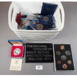 A box of commemorative coins, a decimal coin set 1971 and a various world coinage etc