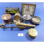 A box of various collectables including 6V electric train, clocks etc