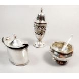 A silver mustard pot, salt and pepper, various dates