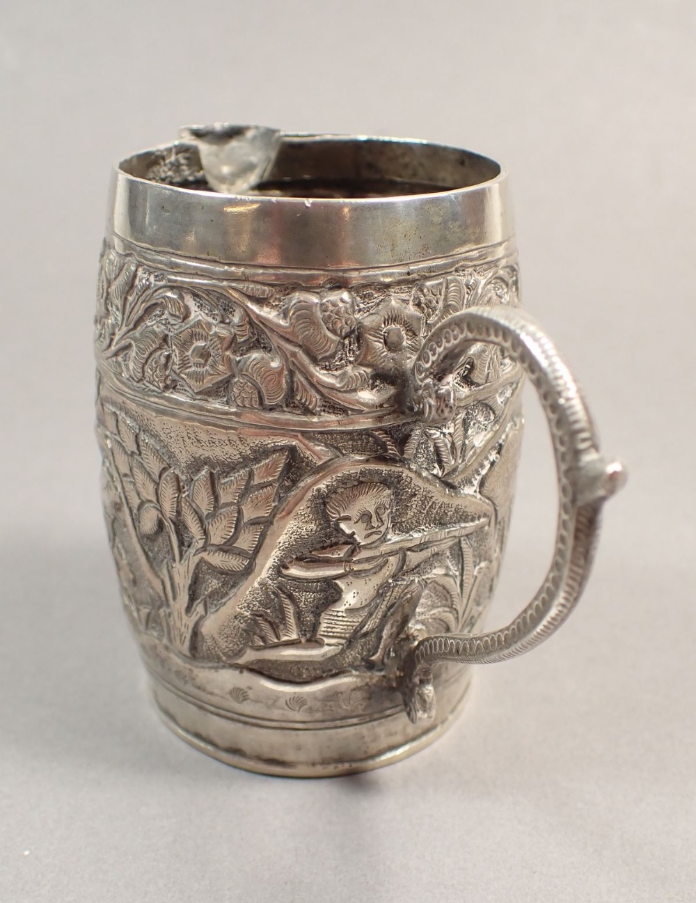 An Indian white metal cream jug, a filigree junk and a cylindrical box - Image 3 of 4