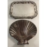 A 19th century silver-plated tray with engraved decoration and silver-plated shell form tray 27 x