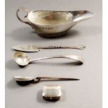 A group of small silver items including small sauce boat, Birmingham 1902, butter knife,