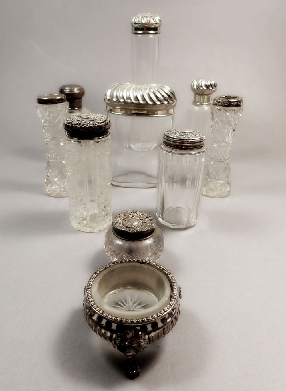 A pair of Edwardian cut glass and silver rimmed posy vases, two cut glass and silver-topped vanity - Image 2 of 2