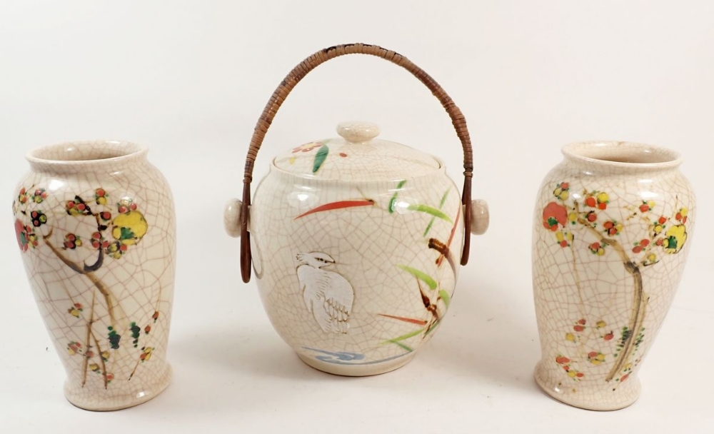 A Kyoto 1930's biscuit barrel and two vases painted flowers and birds