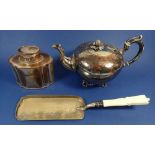 A silver-plated tea caddy, teapot and crumb scoop