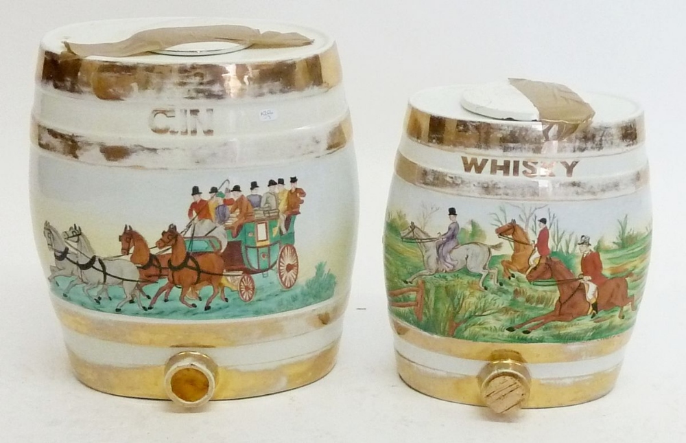 Two Staffordshire pottery barrels for Gin and Whisky, painted hunting and coaching scenes