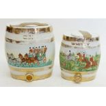 Two Staffordshire pottery barrels for Gin and Whisky, painted hunting and coaching scenes