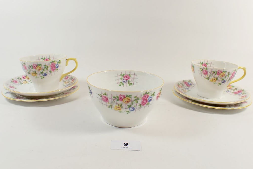 A Shelley tea service 'Rose Trellis' comprising five cups and six saucers, six plates and sugar