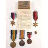 Two WWI medals to Driver F Davis R.A. No. L - 20064 plus a commemorative medal and silver badge