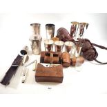 A box of various military campaign items including flasks, silver plated cups in leather holders,