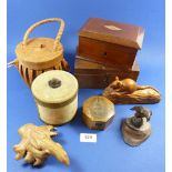 A 19th century mahogany box with key, 16.5cm wide, mauchline ware tin and hexagonal box, vintage