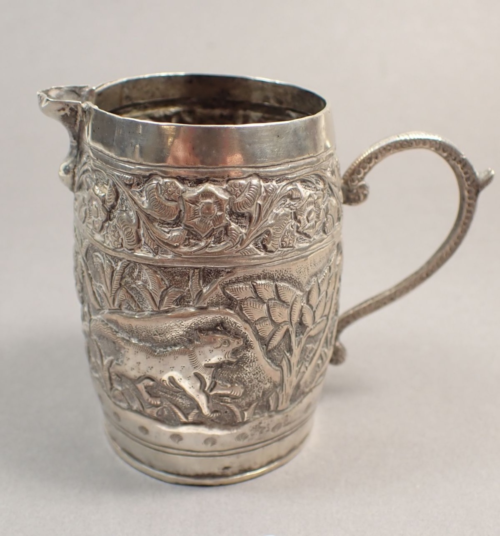 An Indian white metal cream jug, a filigree junk and a cylindrical box - Image 2 of 4