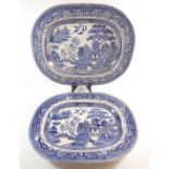 Two Victorian blue and white willow pattern meat plates