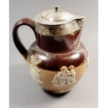 A Royal Doulton hunting jug with silver lid and rim, 18cm tall