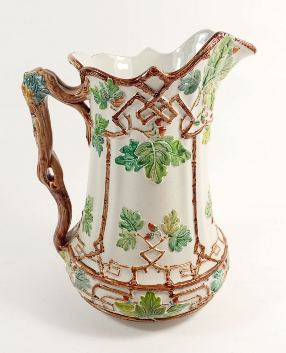 A Victorian Charles Meigh 'Trellis' press moulded jug painted with oak leaves and acorns - Image 2 of 3