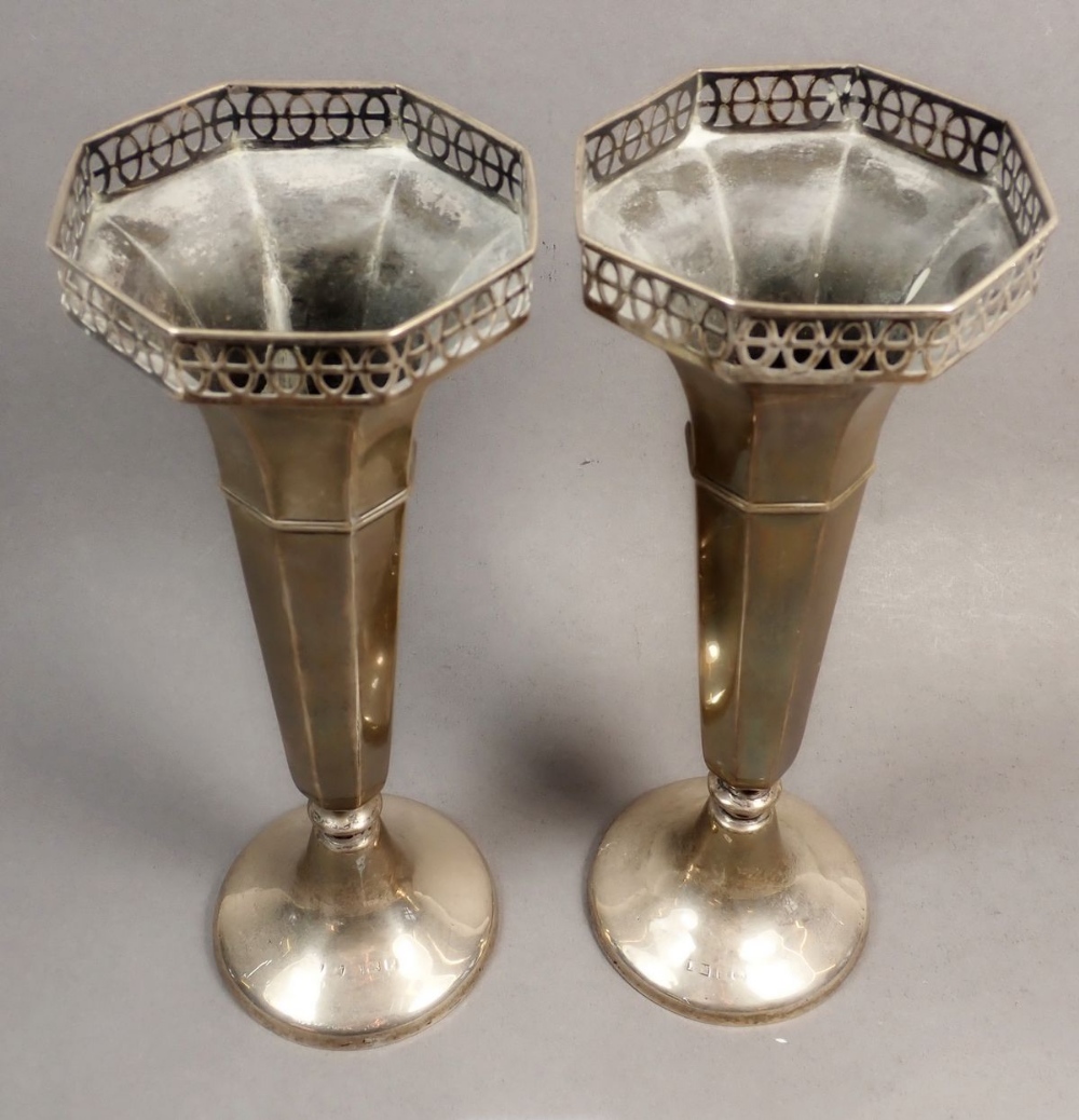 A pair of silver fluted vases with pierced decoration, Birmingham, marks rubbed, weighted, approx - Image 2 of 2