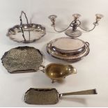 Various silver-plated items including entree dish