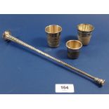 Three silver-plated 'Just a Thimble Full' measures and a silver-plated miniature hunting horn