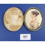 A Regency watercolour miniature portrait of a lady wearing a coral necklace, 7.6cm x 6.3cm