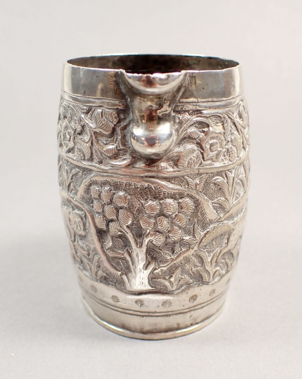 An Indian white metal cream jug, a filigree junk and a cylindrical box - Image 4 of 4