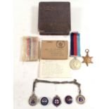 A WWII War medal and 1939-45 Star with box to Mr F Richardson, sold together with three silver