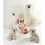 Five Victorian Staffordshire dogs (the larger one a/f), largest 37cm