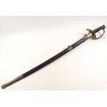A French naval sword with pierced and cast decoration and leather scabbard, blade measures 70cm