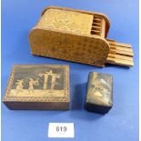 A marquetry tambour cigarette dispenser and marquetry Russian box, signed indistinctly plus a