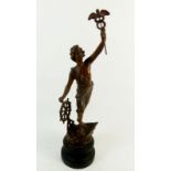 A spelter figure of a woman with ship's wheel, 33cm high