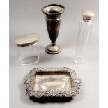 A silver vase 15.5cm tall, a silver embossed card tray 59g and two silver mounted dressing table