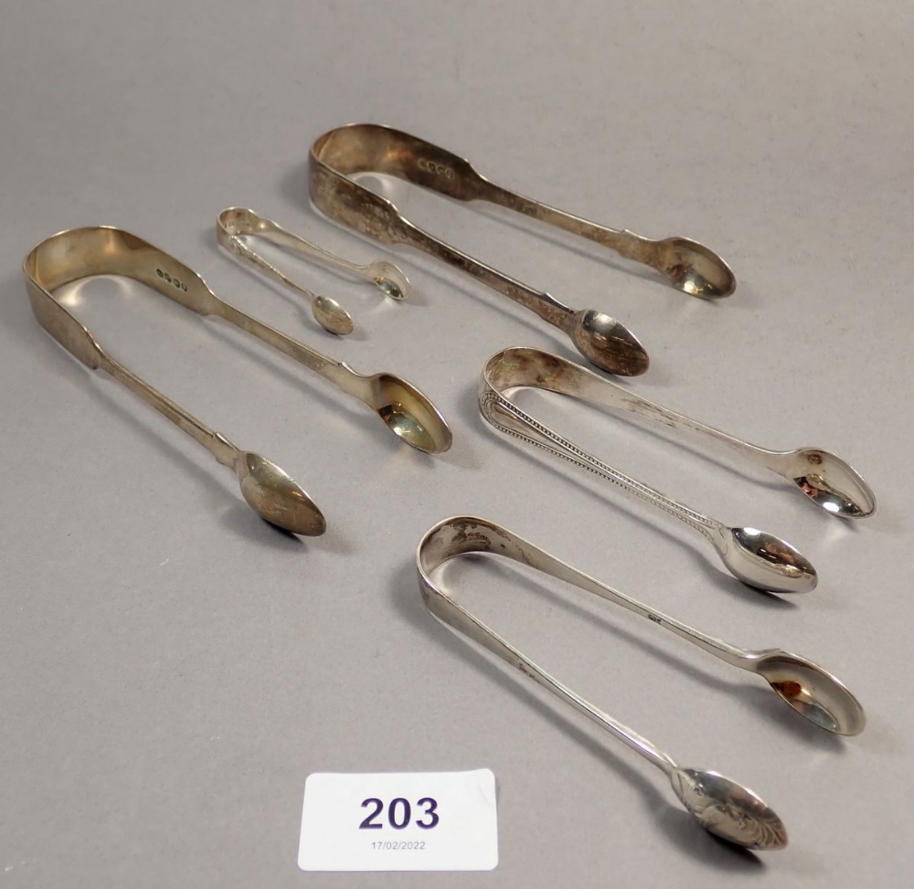 Five various pairs of sugar tongs, 159g