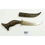 A white metal Persian letter opener with beadwork and scroll decoration