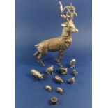 A silver-plated stag, 30cm, and various miniature silver-plated animals