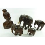 Four African ebony elephants and a carved bust
