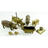 A group of brass and metal pig ornaments and a Victorian pig brush