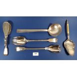 Various silver-plated serving items including an Art Deco soup ladle, sprung serving tongs and salad