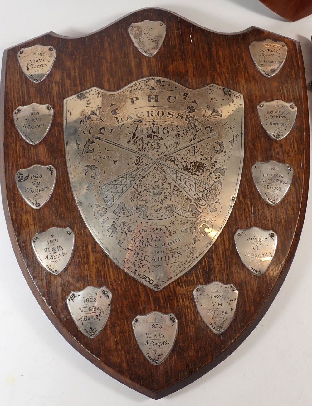 An oak lacrosse shield from Princess Helena College set with silver plaques and two similar, with - Image 3 of 4