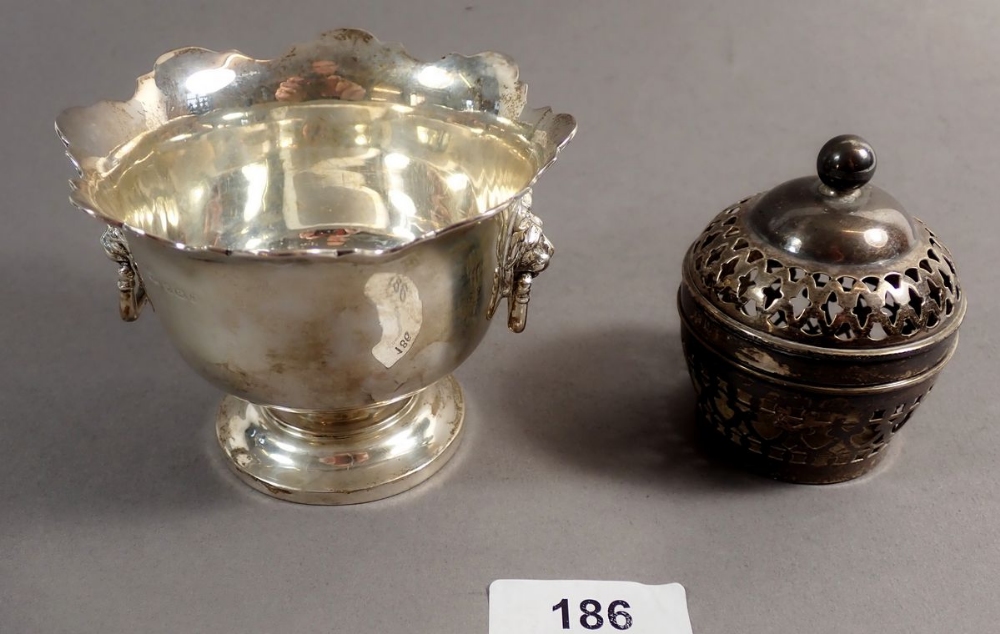 A silver sugar bowl with lion mask handles, Birmingham 1924 and a silver openwork box, Birmingham