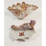 A crested 1930's pin dish with reclining bather and a floral printed shell form dish