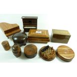 A group of treen including piano puzzle, musical boxes and card box