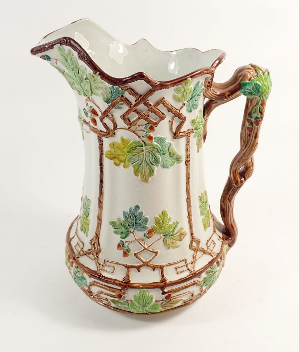 A Victorian Charles Meigh 'Trellis' press moulded jug painted with oak leaves and acorns