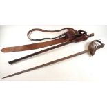 An officers sword and Sam Brown with leather scabbard, blade measures 82.5cm