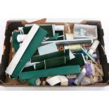 A box of dolls house crafting materials including windows, electrics, curtain poles, wallpaper