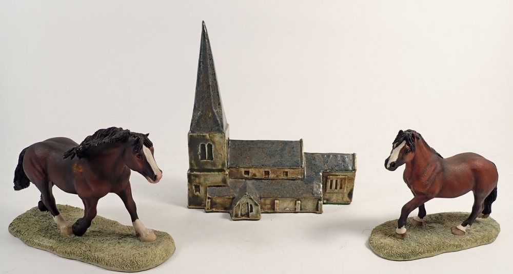 Two Border Fine Arts horses and a model church